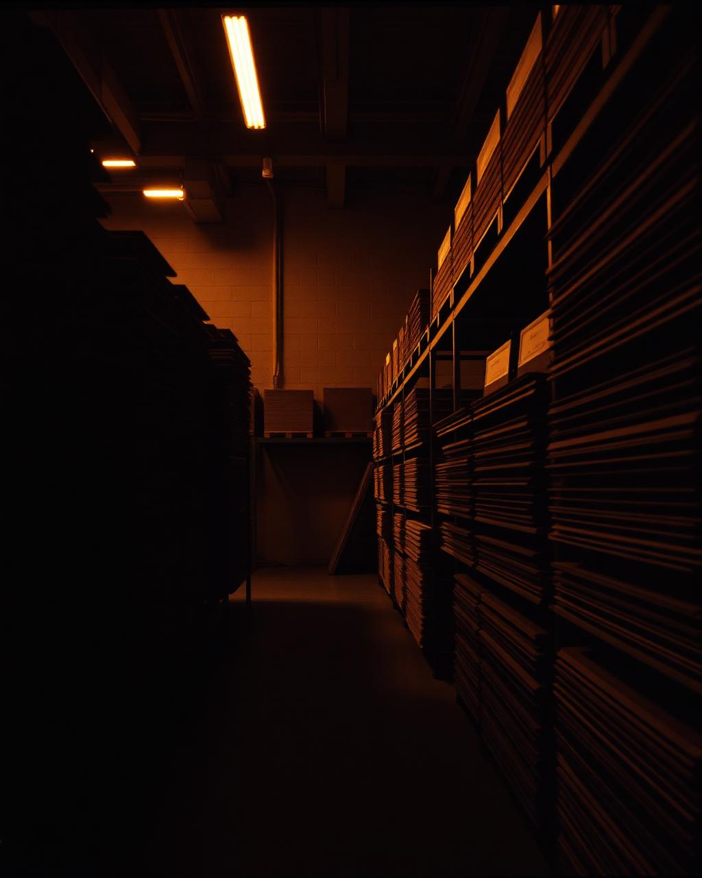 Racks of flooring material in the Joliet warehouse