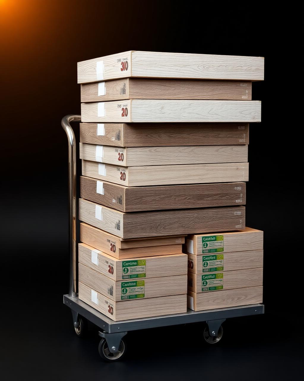 Cart loaded with boxes of vinyl plank flooring ready for pickup