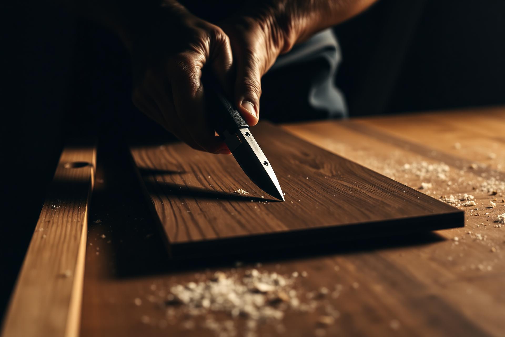 Contractor cutting a luxury vinyl plank on a jobsite bench