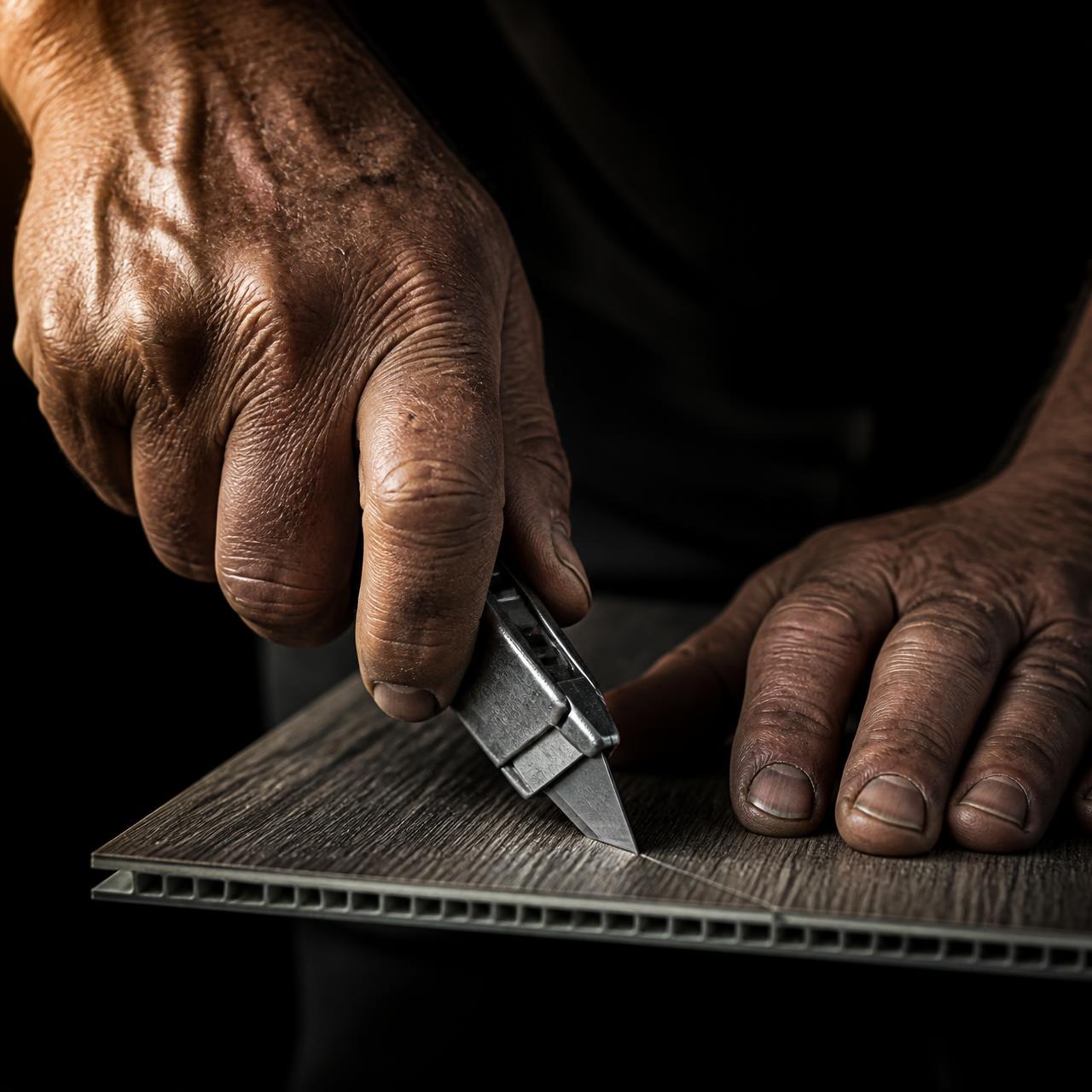 Contractor scoring a vinyl plank with a utility knife